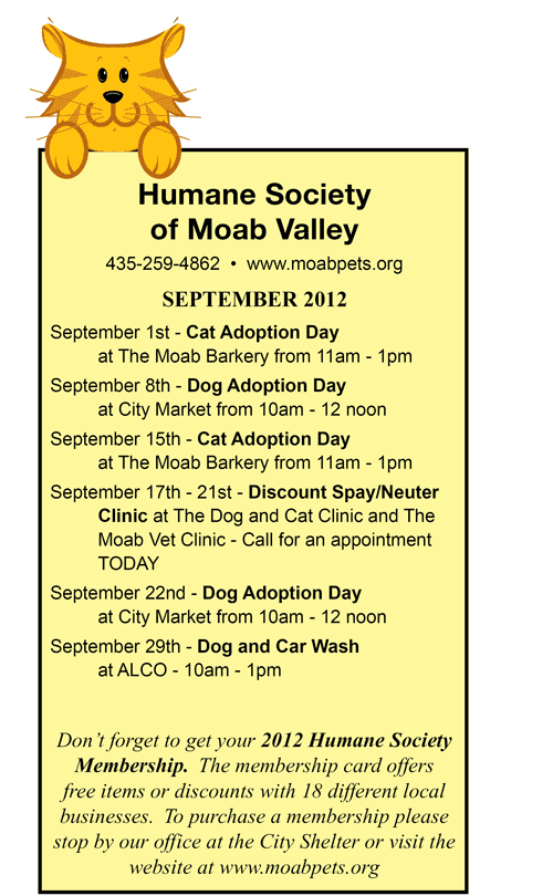 Humane Society of Moab Valley Adoption Day dates for September 2012